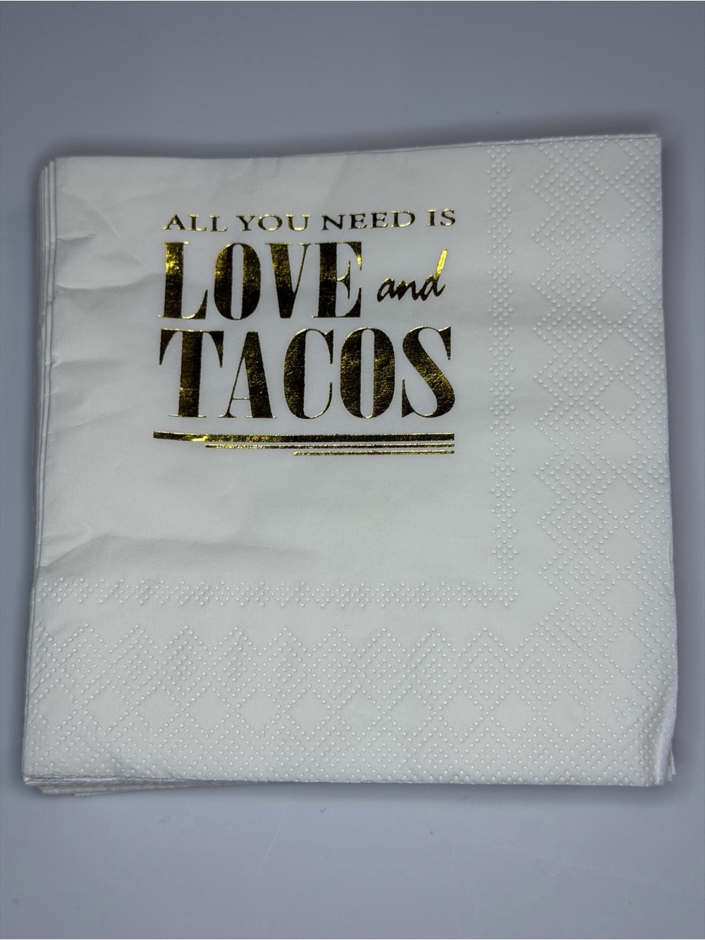White Napkin with Gold Foil "Love and Tacos"